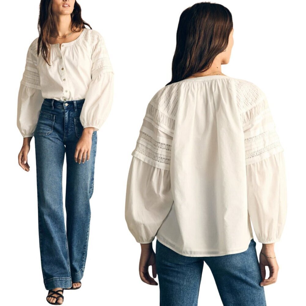 Faherty Enna Button Up Blouse Top Womens XXS White Boho Flowy Organic Cotton NWT